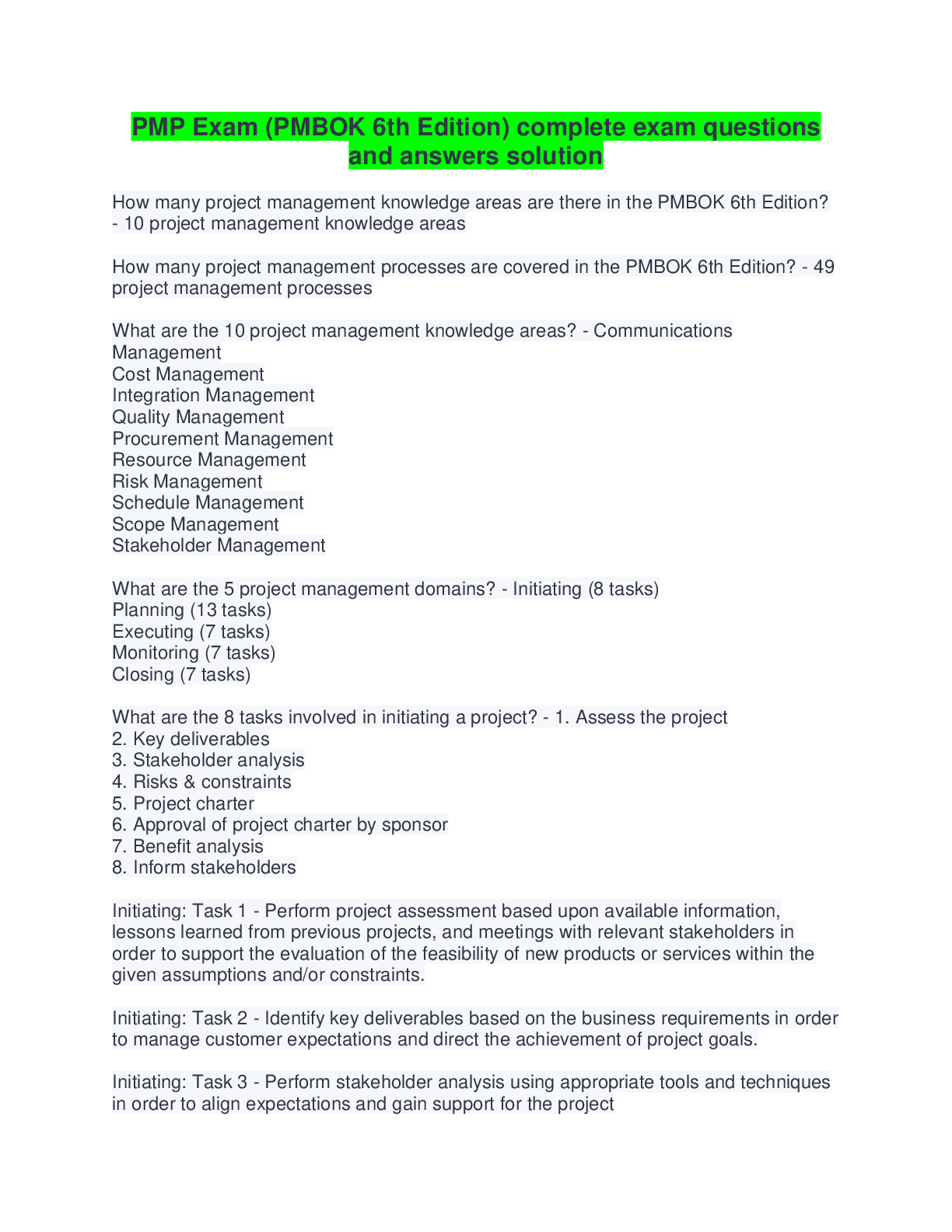 Preview image for PMP Exam (PMBOK 6th Edition) complete exam questions  and answers solution